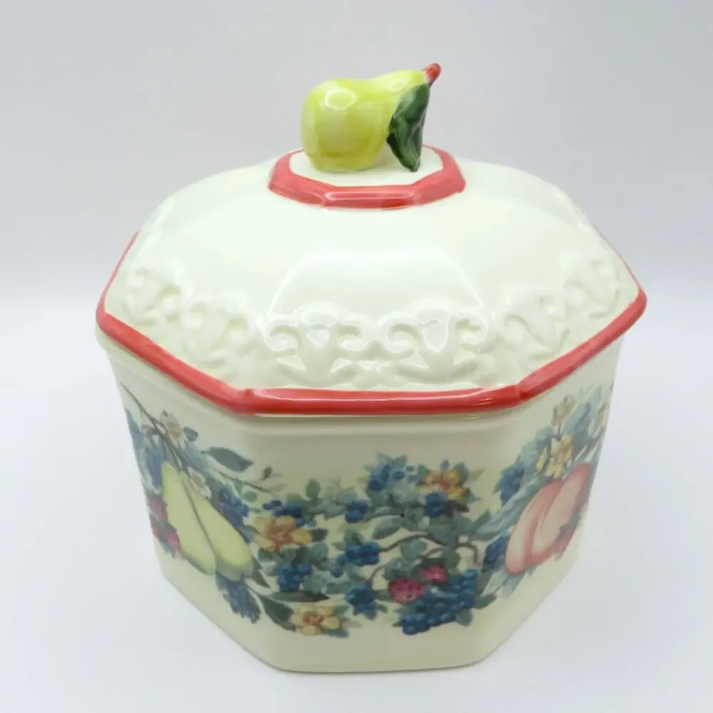 Vintage Avon Sweet Country Harvest Ceramic Covered Small Canister w/ Pear Finial
